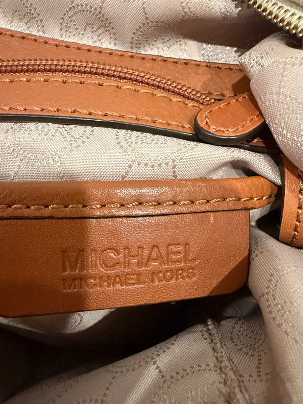 Michael Kors Cream MK Logo Hobo with Gold Hardware and Tan Handles